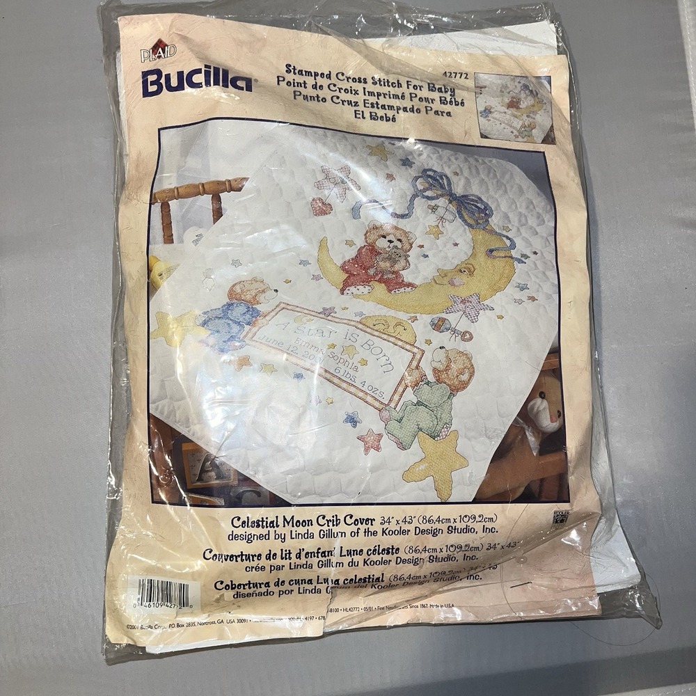 New BUCILLA Stamped Cross Stitch CELESTIAL MOON 42772 Crib Cover Quilt Kit Bears